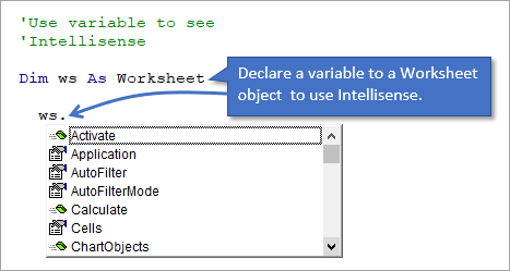 Use Variable to View Intellisense for Worksheet Object