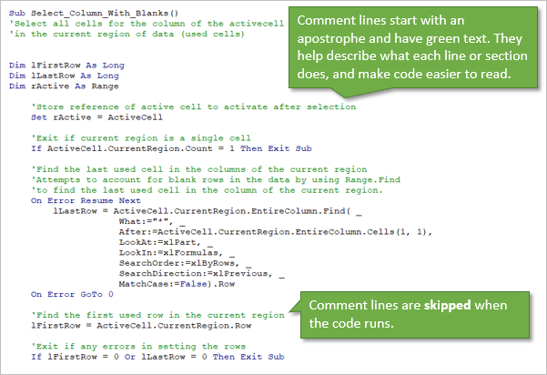 VBA Comments Start with Apostrophe Make Code Easier to Read