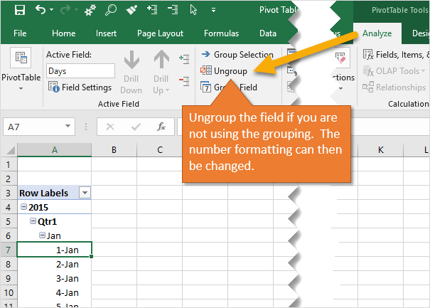 Ungroup the Date Field to Change the Number Formatting
