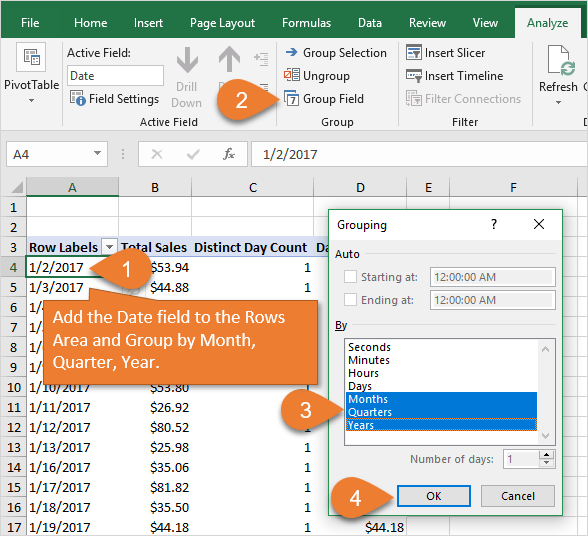 Add Date Field to Pivot Table and Group by Month Quarter Year