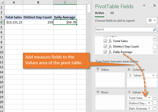 Add Measure Fields to Values Area of Pivot Table