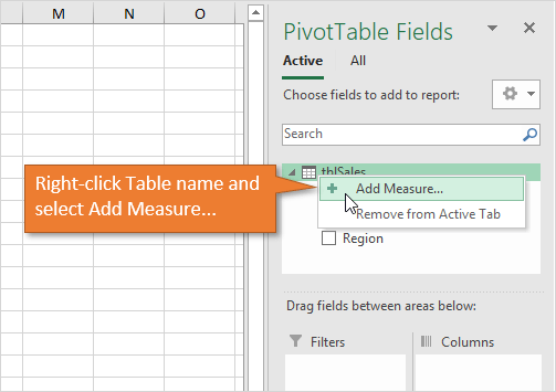 Add Measure from Pivot Table Field List by Right-Clicking Table Name