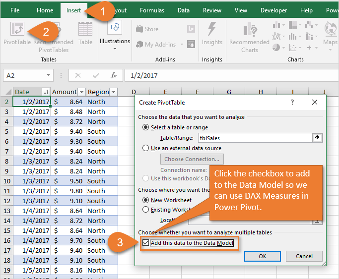 Insert Pivot Table and Add this Data to the Data Model Checkbox Power Pivot DAX Formulas