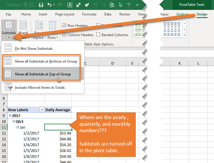 Subtotals Turned Off for Daily Average Year Quarter Month Rollup