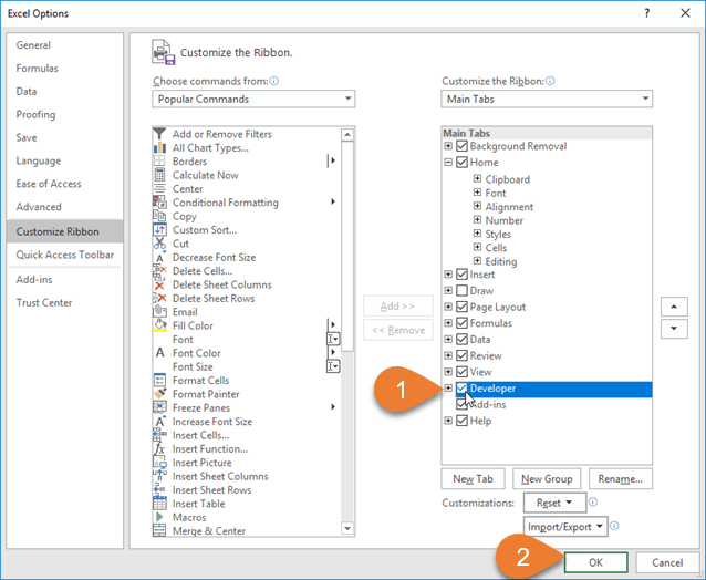 view developer tab excel 2010