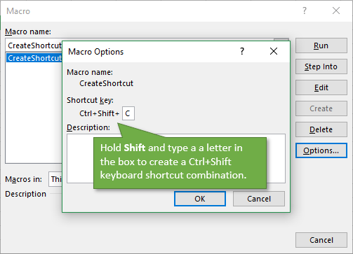 assign keyboard shortcut to macro excel