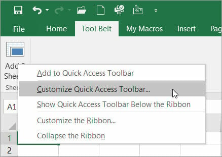 Menu to customize the Quick Access Toolbar