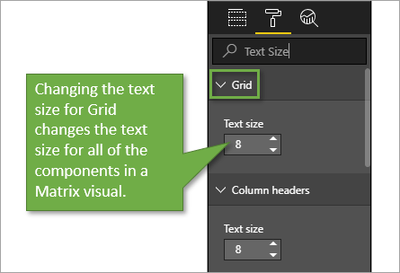 Changing the text size for Grid changes all of the components in a Matrix visual