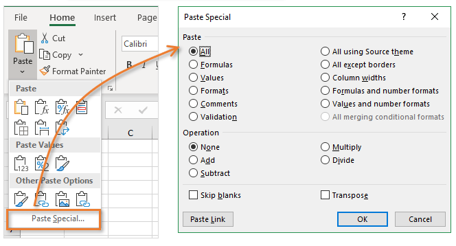 Paste Special Button Opens Paste Special Menu in Excel