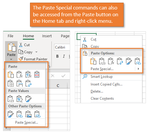 Paste Special Commands from Home Tab and Right-click Menus