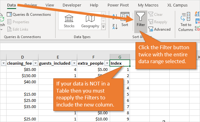 Reapply Filters After Adding Index Column if Data is Not in Table