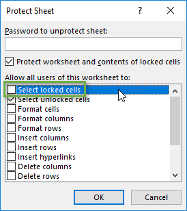 Uncheck box in Protect Sheet Window