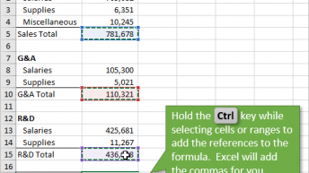 Hold Ctrl Key Selecting Multiple Cells for Formula References and Commas