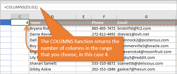 Columns Function returns number of columns