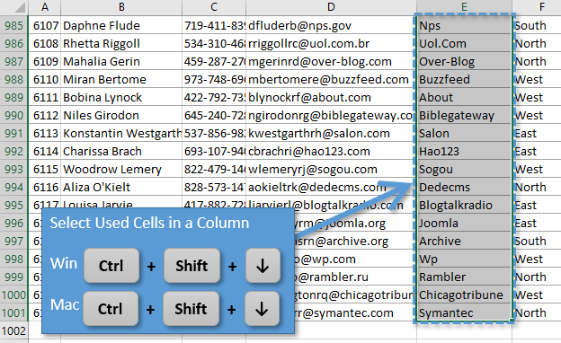 Select Used Cells in a Column with Ctrl + Shift + Down Arrow