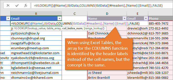 Using the Columns Function with Excel Tables