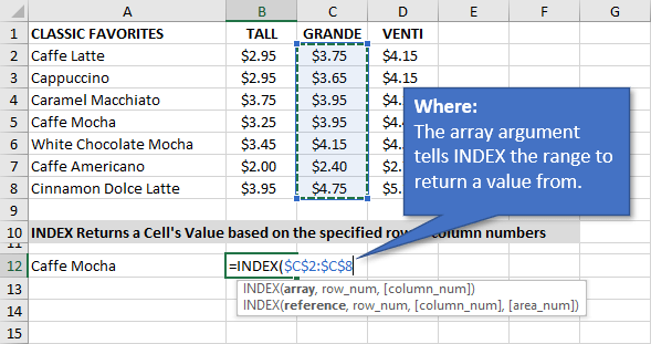 Array Argument for the INDEX Function in Excel