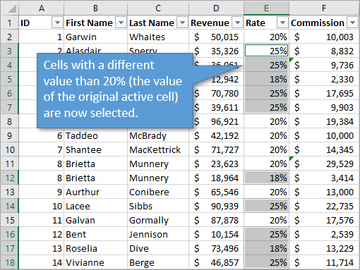 Cells with different values selected