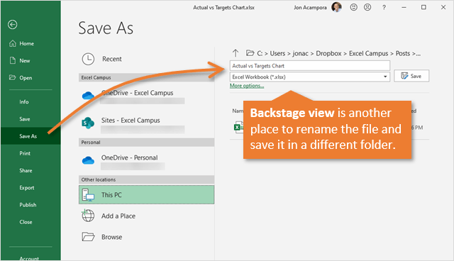Excel Save As Backstage View to Rename Files