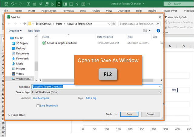 Shortcut untuk save as pada lembar kerja excel adalah