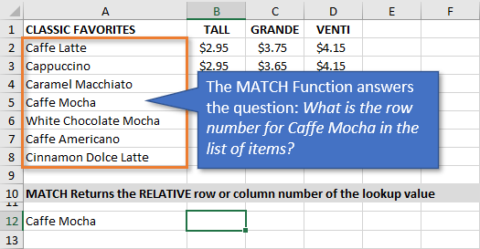 MATCH Function Returns the Row or Column Number for Matching Item in List