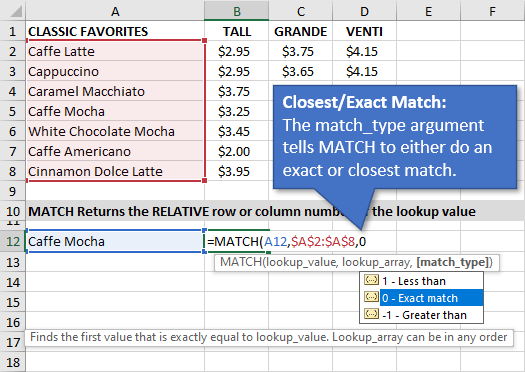 Match_Type Argument for the MATCH Function in Excel