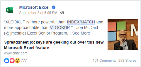 Microsoft Excel Facebook Page XLOOKUP
