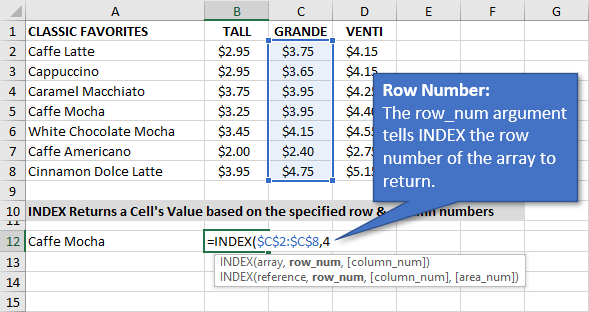 Row Num Argument for the INDEX Function in Excel