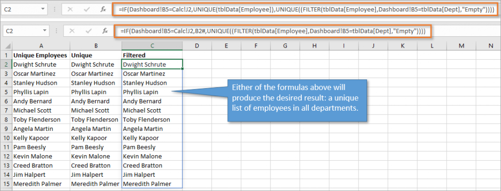 Combined FILTER and UNIQUE functions wrapped in IF function