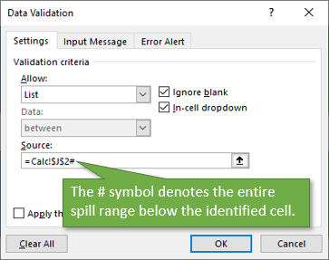 Data validation window showing spill range