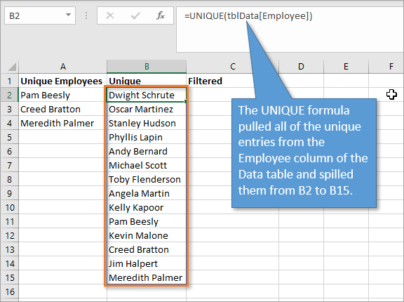 UNIQUE formula in Excel