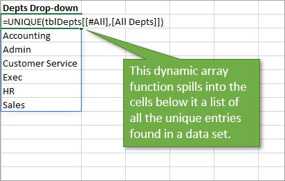 UNIQUE function for department list