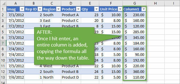 AFTER - formula is copied down entire table