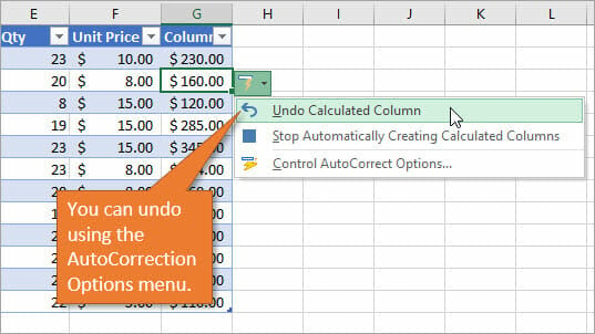 Undo Calculated Column in AutoCorrection options Menu