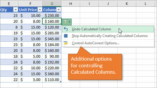 AutoCorrect Options Menu for Calculated Columns in Excel Tables