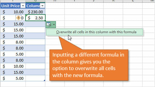 Excel Table Overwrite all cells in this column with the formula AutoCorrect Options