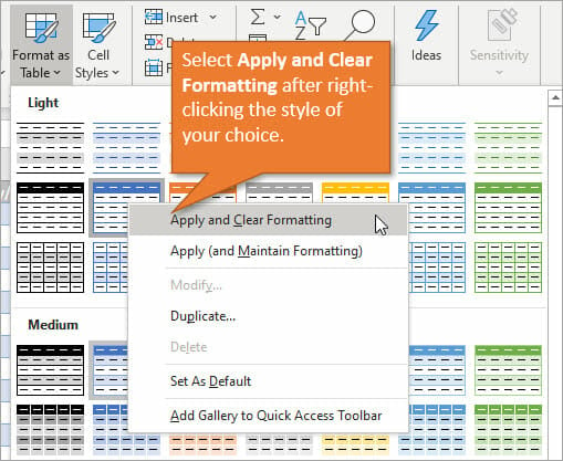 Format as Table from Home Tab