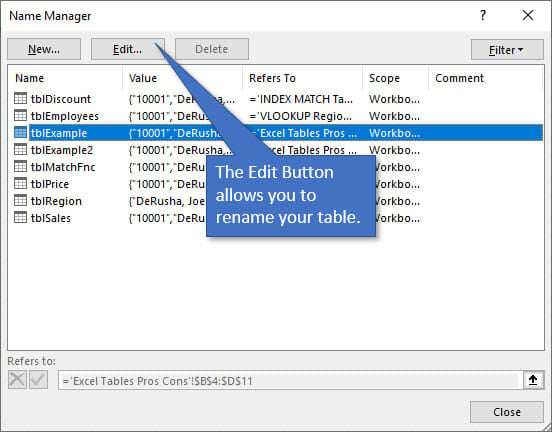 Name manager edit button to rename tables
