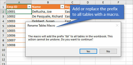 Rename Tables with Prefix VBA Macro for Excel