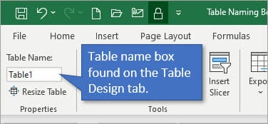 Table name box table design tab
