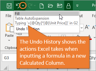 Undo History Shows Calculated Column Steps for Excel Table