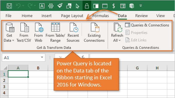 Power Query Get e Transform Data Tab della barra multifunzione Excel 2016 2019 Office 365 Microsoft 365