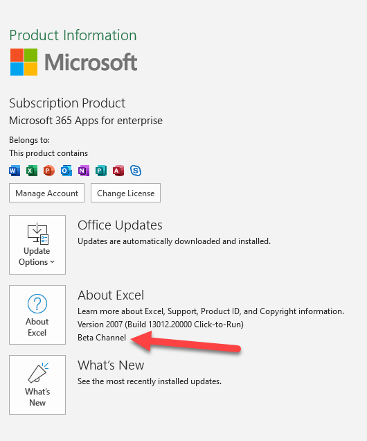 Microsoft 365 Excel Account Beta Channel