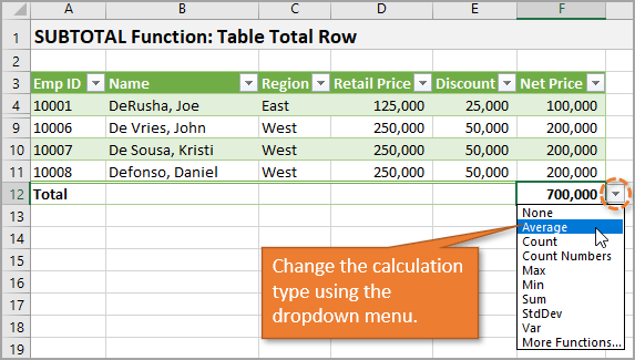 Change the calculation type using the dropdown menu