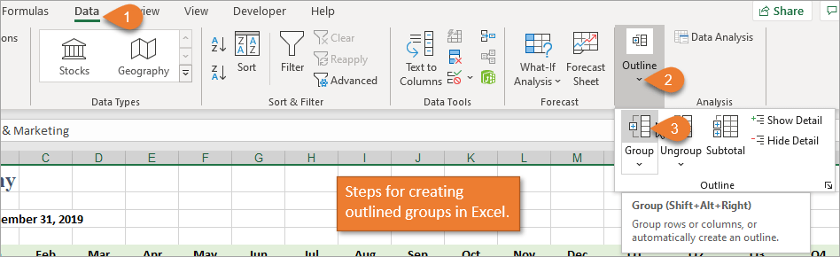 Steps for creating outlined groups in Excel