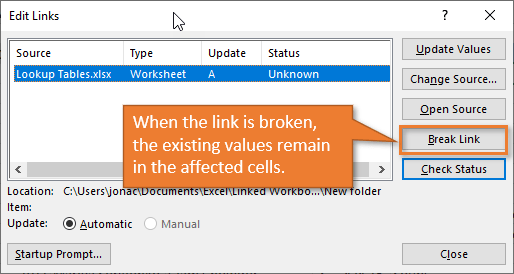 Break Link button in Edit Links window