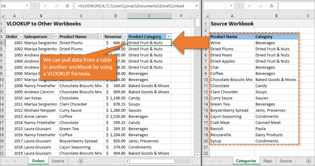 VLOOKUP can pull data from one workbook into another