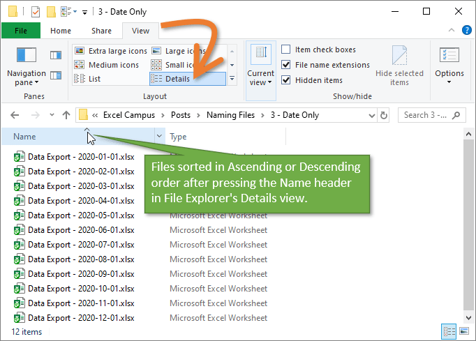 File Explorer Files Sorted in Ascending Descending Order