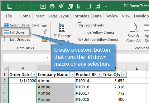 Fill Down Macro Button on Custom Ribbon in Excel