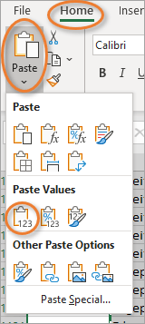 Paste Values Only button on the Home tab